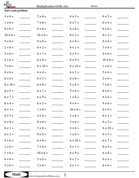 Multiplication Worksheets - 6s (horizontal) worksheet